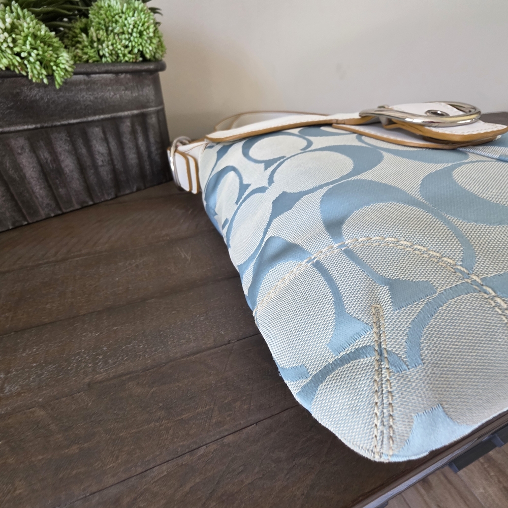 Coach Soho Buckle Hobo Glacier Blue Signature C jacquard White Leather Trim Y2K - Picture 9 of 14